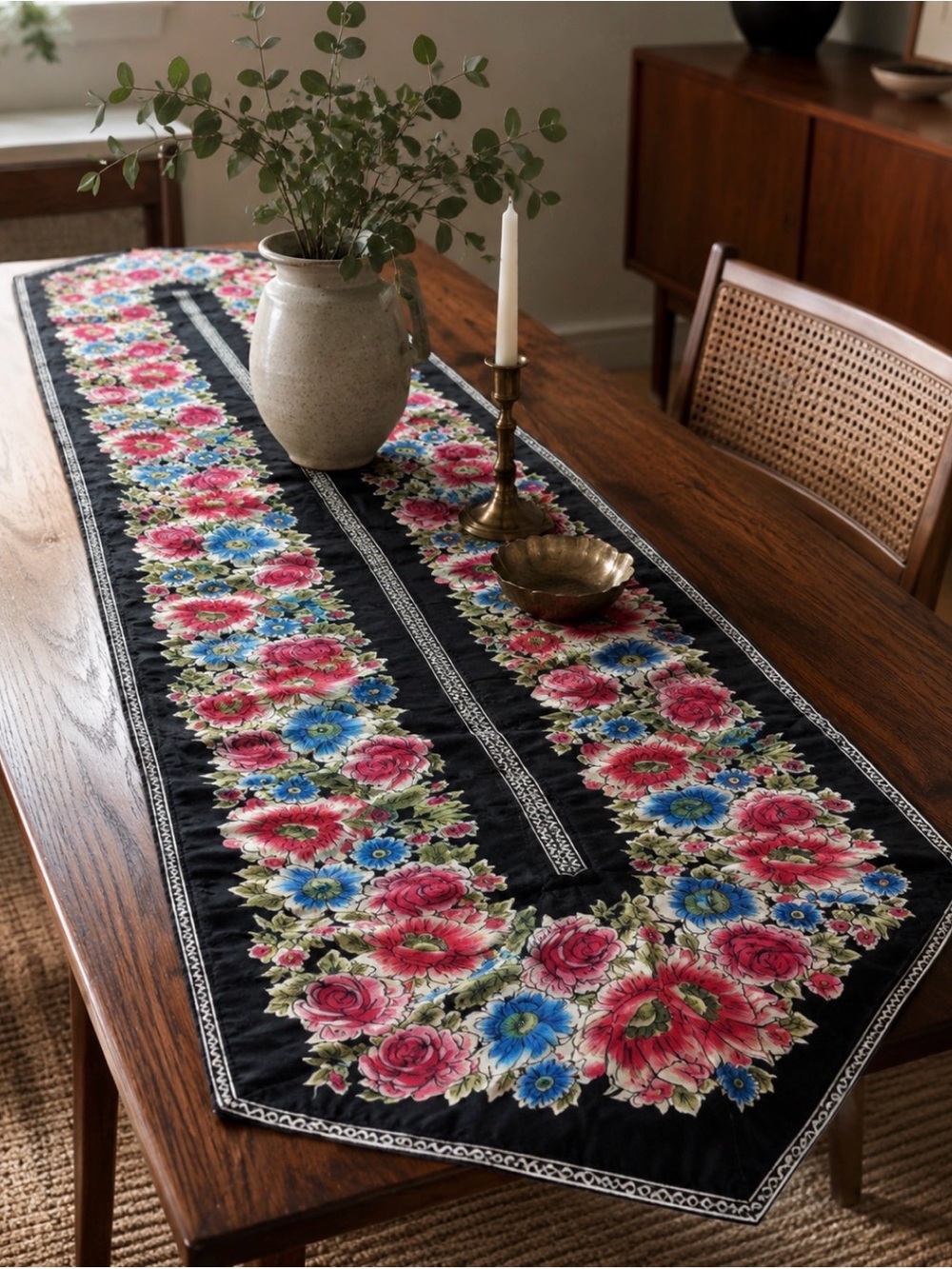 Vintage Mid-Century 1950s Colorful Floral Print Reversible Table Runner 14x59